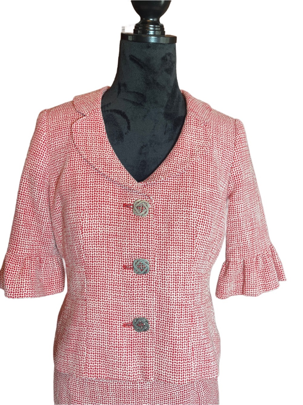 Harold's Vintage Red-White Textured Tweed Ruffle Sleeve Suit Size 4